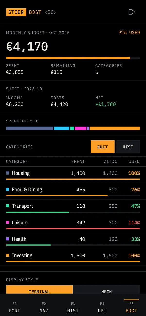 StierTerm monthly budget screen, terminal style